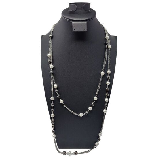 Express Layered Opera Necklace Gunmetal Faux Pearl 38" - Picture 1 of 5